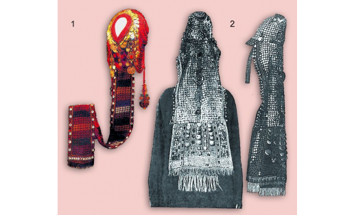 Женские головные уборы: 1 — кашмау; 2 — башкейем Woman’s headdress: 1 — kashmau; 2 — bashkeyem