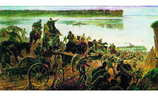 Переправа Чапаевской дивизии через реку Белую у Красного Яра. Худ.— И.И.Урядов Chapayev Division crossing Belaya River near Krasny Yar. Artist — I.I.Uryadov