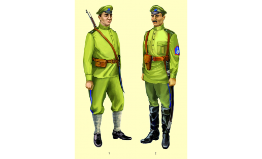 Форма одежды Башкирского пехотного полка (принята в авг. 1918): 1 — рядовой; 2 — подпоручик. The uniform of the Bashkir Infantry Regiment (adopted in Aug. 1918): 1 – private; 2 – second lieutenant