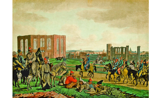 Башкиры в разрушенных предместьях Гамбурга в 1814 г. Гравюра братьев Кристофа и Корнелиуса Зур Bashkirs in the destroyed outskirts of Hamburg in 1814. An engraving by brothers Christoph and Cornelius Zur