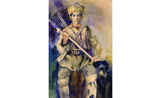 К.С.Девлеткильдеев. Башкир-охотник на медведя. Акварель. 1928. БГХМ K.S.Devletkildeyev. A Bashkir bear hunter. Watercolor. 1928. Bashkir State Art Museum