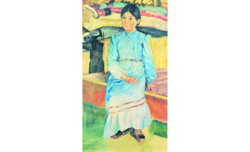 К.С.Девлеткильдеев. Девочка-башкирка в голубом. Бумага, акварель. 1928. БГХМ K.S.Devletkildeyev. Bashkir Girl in Blue Dress. Paper, watercolor. 1928. BSAM