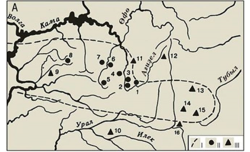 А. I. Ареал абашевской культуры. II. Памятники абашевской культуры: 1 — Тюбяк; 2, 3 — Береговский археологический микрорайон; 4 — Баланбаш; 5 — Набережные курганы; 6 — Чукраклинское городище; 7 — Ябалаклинские курганы и поселение; 8 — Сурушское поселение.