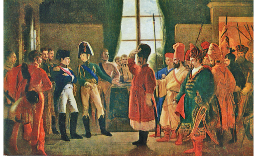 1807 й. 9 июлендә Александр I Наполеонға казак, башҡорт һәм ҡалмыҡтарҙы күрһәтә. Рәссамы П.Н.Бержере, 1810