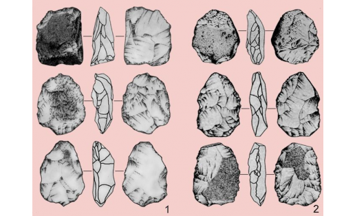 Находки эпохи палеолита из стоянки Мысовая: 1 — нуклеусы; 2 — бифасы Archeological finds of the Paleolithic era from the Mysovaya site: 1 – cores; 2 – bifaces