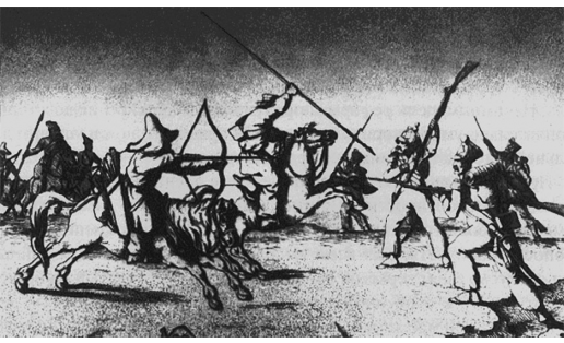 Стычка башкир и казаков с французским отрядом. Гравюра. 1-я четв. 19 в.