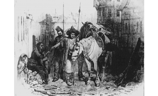 Эпизод войны 1813 года. Неизвестный художник с оригинала Б.П.Виллевальде. Кон. 19 в. An episode from the War of 1813. Unknown artist from the original by B.P.Willewalde. End of the 19th century