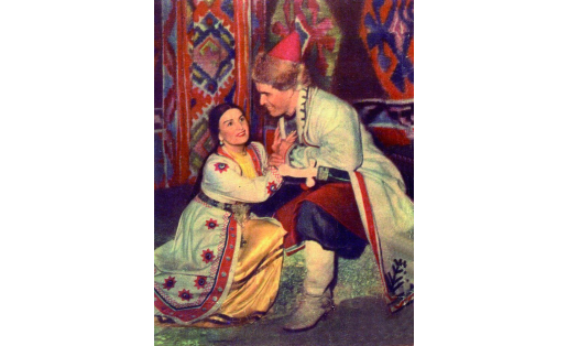 Х.Л.Галимов в партии Салавата (“Салават Юлаев” З.Г.Исмагилова). Амина — Б.Н.Валеева. БГТОиБ. 1955 Kh.L.Galimov as Salavat (Salavat Yulayev by Z.G.Ismagilov). B.N.Valeyeva as Amina. Bashkir State Opera and Ballet Theatre. 1955
