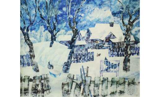 В.А.Мельников. Зимний пейзаж с синей птицей. Бум., акв. 2005