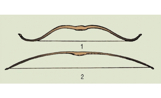 Виды охотничьих луков: 1 – составной; 2 – простой Types of hunting bows: 1 — composite; 2 — simple